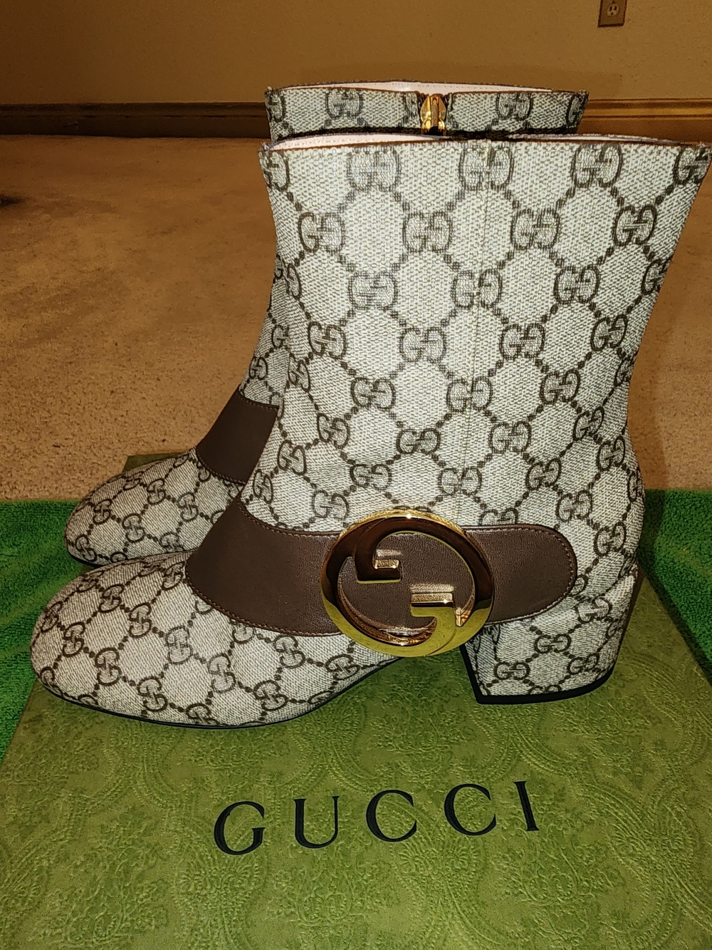 Gucci Beige Brown GG Canvas Mid Heel Ankle Boots with Gold Logo - Picture 12 of 13